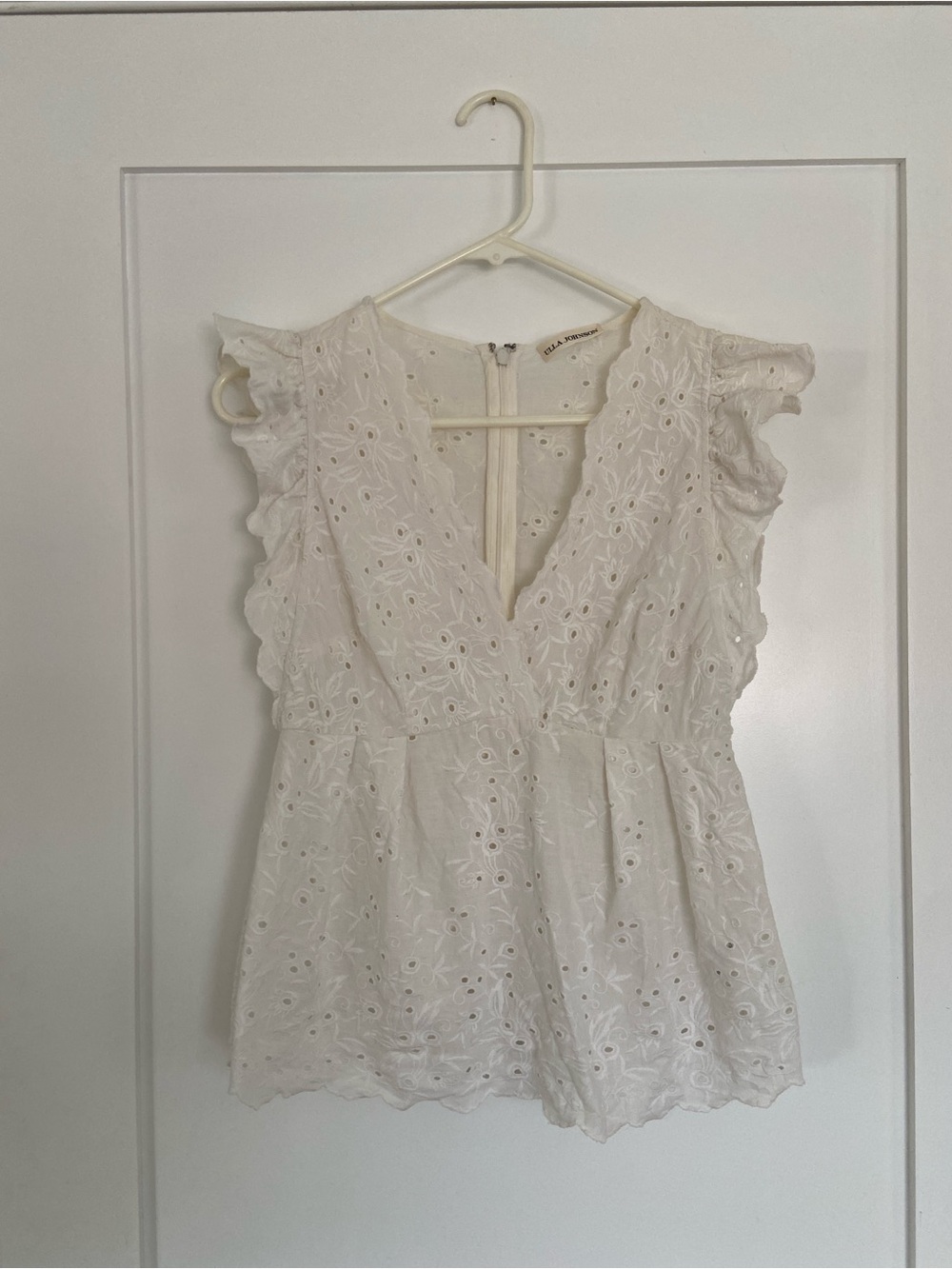 Ulla Johnson White Eyelet V-Neck Ruffle Sleeve Camisole
